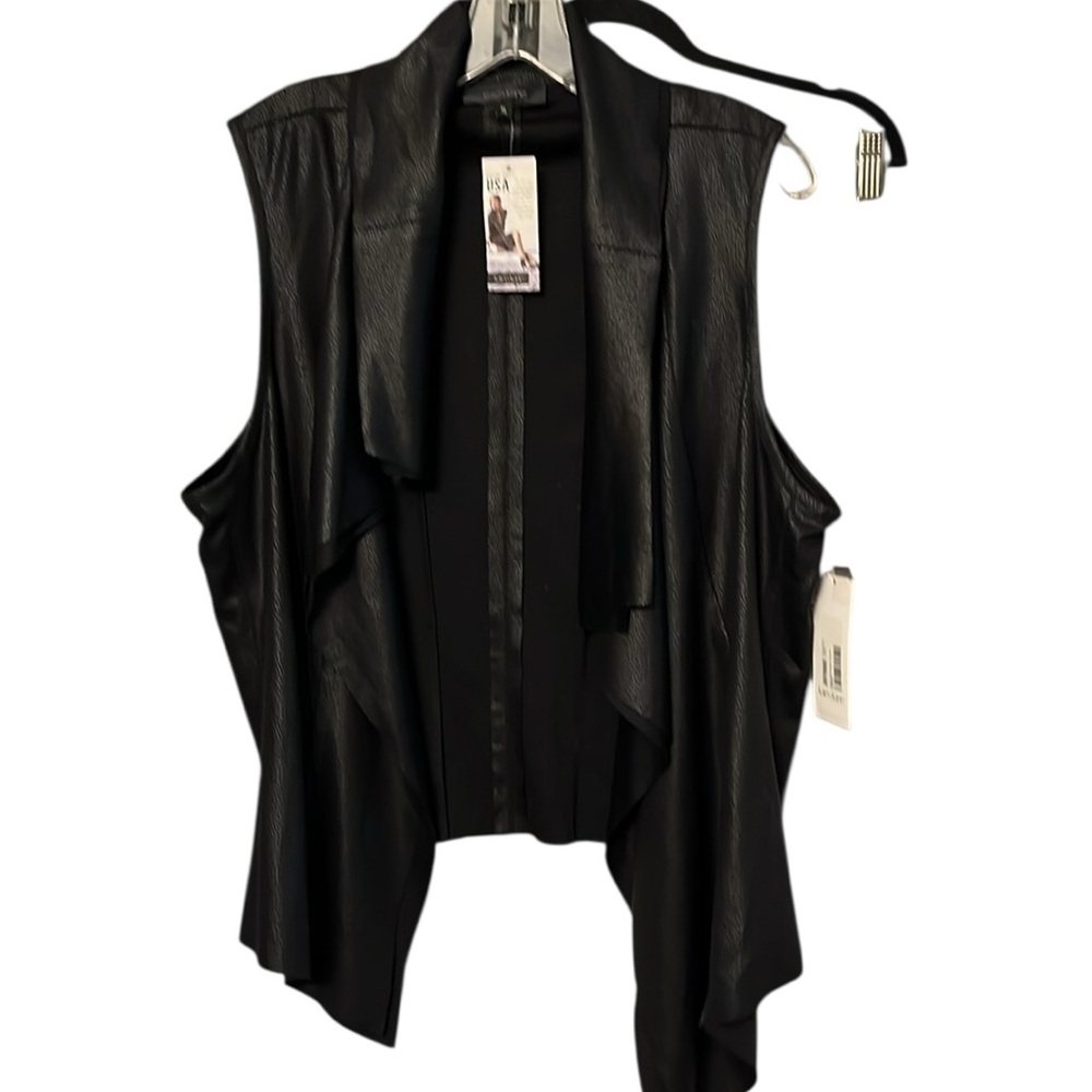 Karen Kane XL black coated , faux leather waterfall Front vest NWT